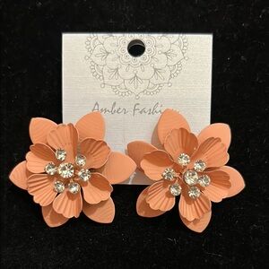 Orange and Silver Floral Earrings with Rhinestone Accents